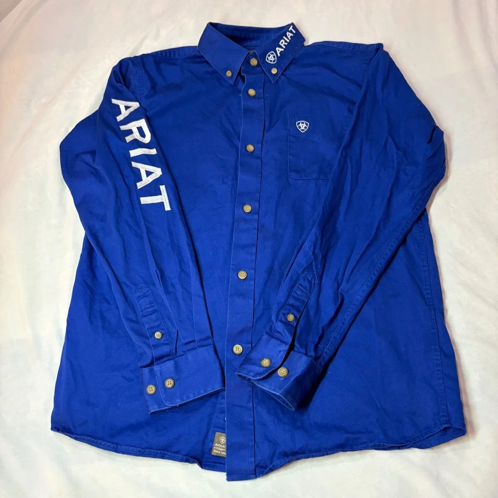 Ariat Boys Royal Blue Long Sleeve Western Logo Button Down Shirt Size L 14-16